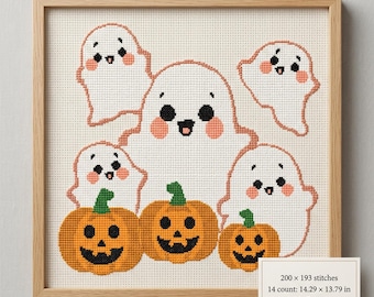 Patrón de punto de cruz de fantasma de Halloween en PDF - Gráfico de calabaza