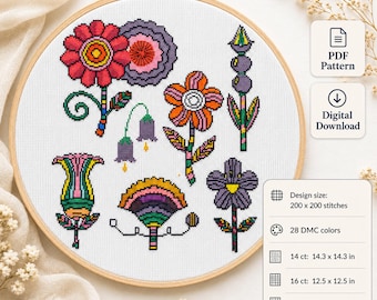 Patrón de punto de cruz retro de flores silvestres en PDF con un diseño floral genial.