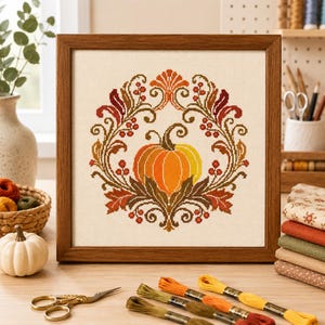 Peut inclure: Une broderie au point de croix encadrée représentant une citrouille orange et jaune centrale entourée d'une couronne décorative symétrique de feuilles et de baies d'automne brunes, rouges et orange sur un fond en tissu beige clair.