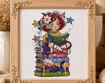 Patrón de punto de cruz para amantes de los libros en PDF, gráfico de lectura para niña ratona de biblioteca