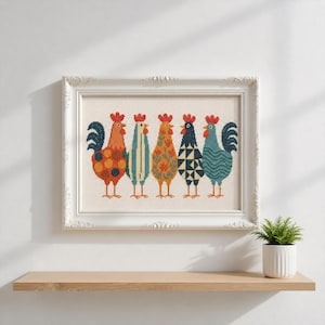 May include: Framed cross-stitch artwork featuring six colorful roosters with unique patterns and designs. The roosters are in shades of orange, blue, and green, set against a cream-colored background. The artwork is displayed in a white ornate frame.
