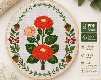 Patrón de punto de cruz para jardín de rosas en PDF: corona floral con gráfico contado.