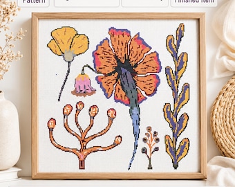 Patrón de punto de cruz floral vintage en PDF — Gráfico contado, 22 colores DMC