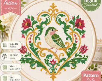 Patrón de punto de cruz vintage con flores y pájaros cantores en formato PDF (descarga instantánea)