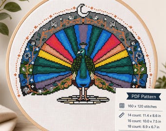 Patrón de punto de cruz de pavo real en PDF con gráfico contado de plumas de ave