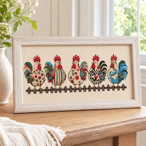 Chicken Cross Stitch Pattern PDF, Five Funny Roosters, Counted DMC Chart