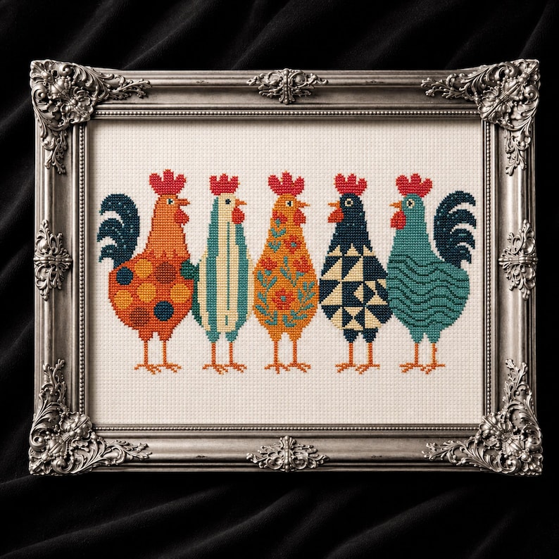 May include: A framed cross-stitch artwork featuring five colorful rooster designs. Each rooster has a unique pattern in shades of orange, blue, and green, with red combs. The artwork is set in a silver ornate frame, perfect for farmhouse decor.