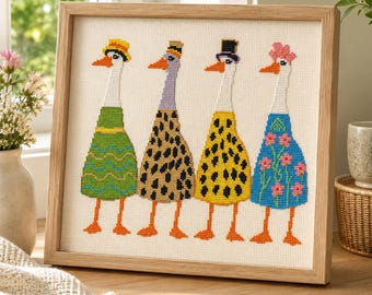 Whimsical Geese Cross Stitch Pattern PDF - Funny Fashion Birds Chart