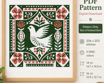 Patrón de punto de cruz floral de paloma folclórica en PDF con gráfico contado de aves.