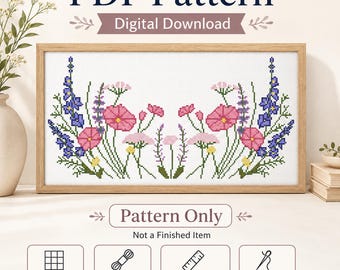 Pink Floral Border Cross Stitch PDF Counted Garden Wildflower Chart