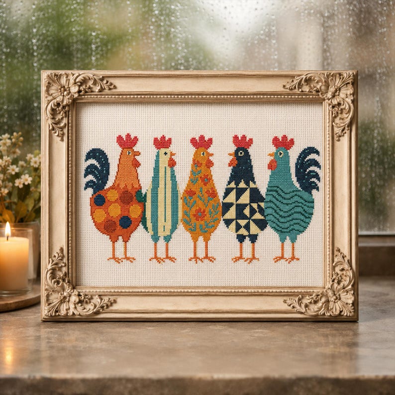 May include: Framed cross-stitch art featuring six colorful rooster designs. Each rooster has a unique pattern, including polka dots, stripes, and geometric shapes. The roosters are in shades of orange, blue, and green, with red combs and yellow feet.