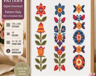 Patrón de punto de cruz de arte folclórico floral en PDF (gráfico contado DMC)
