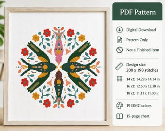 Patrón de punto de cruz floral con pájaros folclóricos (descarga en PDF)