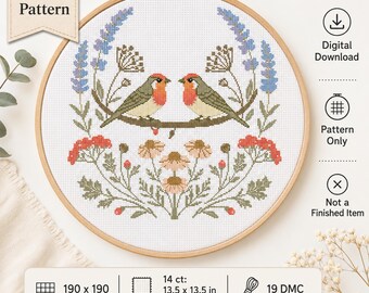 Patrón de punto de cruz floral de pájaros de primavera en PDF con gráfico contado de flores de petirrojo
