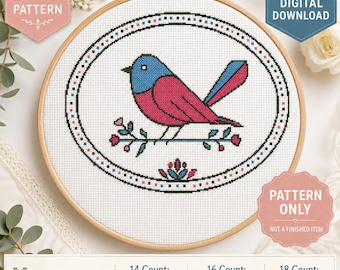 Patrón de punto de cruz de aves folclóricas en PDF, diagrama de bordado (descarga), descarga instantánea.
