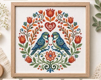 Folk Art Birds Cross Stitch PDF Counted Floral Pattern