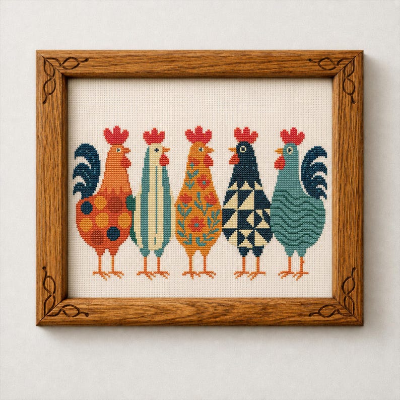 May include: A framed cross-stitch artwork featuring five colorful rooster designs. Each rooster has a unique pattern, including polka dots, stripes, and floral motifs. The frame is made of wood with decorative corner details. The roosters are in shades of orange, blue, and green.