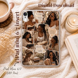 Capa para iPad com estampa de café e estilo feminino, estilo Black Girl Coffee, com colagem neutra de amor próprio, ideal para iPad Mini e outros acessórios para iPad.