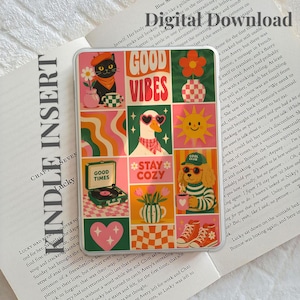 May include: A rectangular digital print featuring a grid of colorful illustrations including a black cat, a goose with heart sunglasses, a smiling sun, a record player, a dog with a green cap, flowers, a heart, and the text Good Vibes and Stay Cozy.