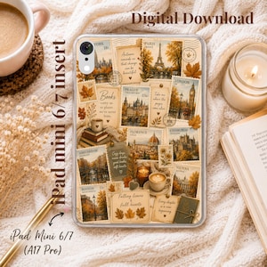 Könnte beinhalten: Eine transparente Tablet-Hülleneinlage mit einer Collage aus Briefmarken und Postkarten im Vintage-Stil, die herbstliche Szenen in Städten wie Paris, London und Florenz zeigen, durchsetzt mit Kaffeetassen, Büchern und herbstlichen Blättern.