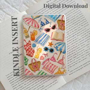 May include: A clear Kindle insert featuring a repeating pattern of summer vacation items including pink and white striped umbrellas, blue floral bikinis, pink sunglasses, woven straw bags, open books, starfish, seashells, and citrus-garnished drinks.