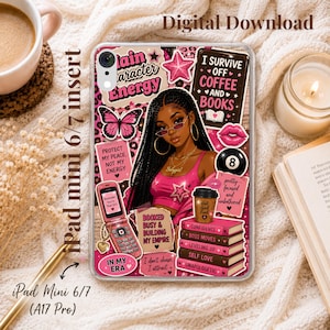 May include: A clear iPad mini 6/7 case insert featuring a collage of pink and black graphics, including a person with braided hair, a flip phone, a stack of books labelled with affirmations, a butterfly, and text reading Main Character Energy.