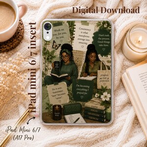 May include: A clear tablet case featuring an illustration of two individuals in green clothing surrounded by inspirational text notes, books labeled Faith, Focus, Gratitude, Growth, and a tote bag with the text progress over perfection.