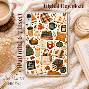 May include: A clear tablet case featuring a repeating pattern of autumn-themed illustrations including books, pumpkins, coffee mugs, candles, a tote bag with the text 'TAKE ME to the BOOKSTORE', and a sign reading 'Just one more chapter'.