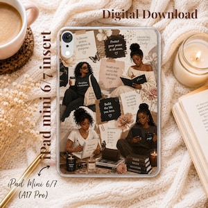 May include: A clear iPad mini 6/7 case insert featuring a collage of illustrations of people writing in journals, floral accents, and motivational text including "I choose peace, progress & purpose," "Protect your peace at all costs," and "Build the life you love."