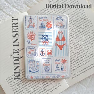 May include: A rectangular Kindle insert featuring a grid of nautical and beach-themed illustrations in blue and coral. Designs include a lighthouse, sailboat, hibiscus, ship wheel, bikini, anchor, crab, cowboy boots, palm tree, and seashells.