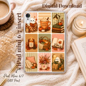 May include: A clear iPad mini 6/7 case insert featuring a grid of nine autumn-themed illustrations, including ghosts reading books, pumpkins, cozy mugs with text reading Pumpkin Season and Cozy Vibes, stacks of books, and fall floral arrangements.