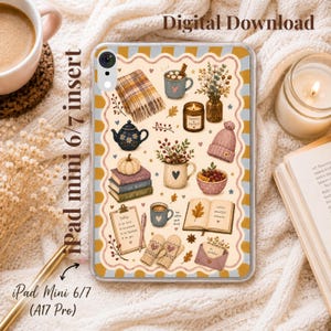 May include: A clear tablet case featuring a digital illustration of autumn-themed items including a plaid blanket, mugs, a teapot, a pumpkin, stacked books, a clipboard with text, a beanie, mittens, a candle, and an open book with leaves.