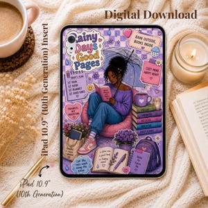 May include: A digital tablet case featuring a purple checkered background with an illustration of a person reading under an umbrella. Text includes "Rainy Days Good Pages," "Rain Outside, Books Inside," and "Cozy Mind, Happy Heart." The design includes stacks of books, a backpack, and a tote bag.