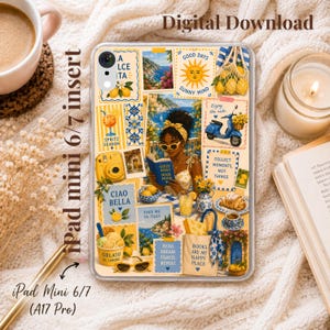 Inserto per iPad con ragazza nera che legge, inserto per iPad Mini a tema libri afrocentrici, estetica estiva italiana, collage di limoni da viaggio per custodia trasparente per iPad