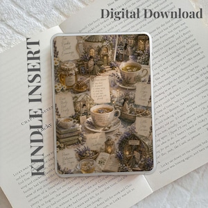 May include: A clear Kindle insert featuring a collage of cosy illustrations including teacups, books, honey jars, and small houses with text labels like Tea Books Quiet Evenings, Read Slowly Rest Deeply, and Herbal Chapters, set against a book page background.