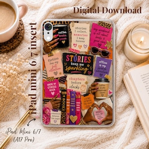 May include: A clear tablet case featuring a collage of book-themed notes, colourful paper scraps, and text including "Stories keep me sparkling," "Fiction has my full attention," and "Books fuel my soul," with illustrations of coffee cups and books.