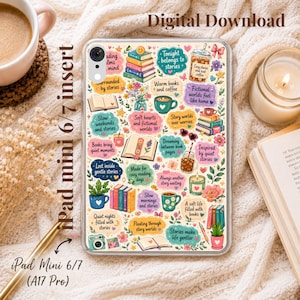 May include: A clear tablet case featuring a colourful pattern of books, coffee cups, candles, and flowers with text including "Tonight belongs to stories," "Soft hearts and fictional worlds," and "Stories make life gentler" on a cream background.