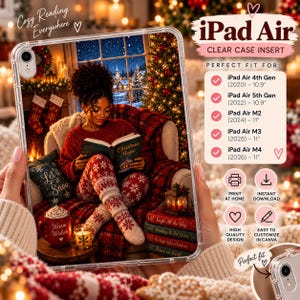 May include: A clear iPad Air case insert featuring a festive scene of a person reading in a chair by a fireplace. The text includes iPad Air Clear Case Insert, Cozy Reading Everywhere, and a list of compatible models from 10.9 to 11 inches.