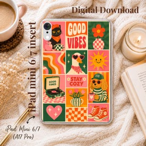 Pode incluir: Uma capa transparente para tablet iPad mini 6/7 com uma grade de ilustrações coloridas, incluindo um gato preto, um pato com óculos de sol em forma de coração, um sol, um toca-discos, um cão com chapéu verde e padrões xadrez.