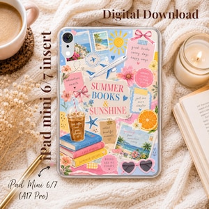 May include: A clear tablet case insert featuring a collage of summer-themed illustrations including books, an iced coffee, a plane, a sun, flowers, and heart-shaped sunglasses. The text reads Summer Books & Sunshine, Adventure Awaits, and Books Are My Escape.