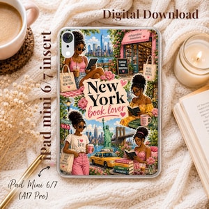 May include: A clear tablet case featuring a New York City themed collage with illustrations of people reading books, the Statue of Liberty, a yellow taxi, and the text New York book lover. The design includes pink flowers and city skyline elements.