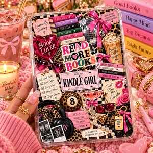 May include: A clear protective case featuring a collage of book-themed stickers including stacks of books, a disco ball, an 8-ball, headphones, and text reading Read More Books, Kindle Girl, and Book Lover, set against a leopard print background.