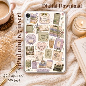 May include: A clear tablet case featuring a collage of illustrations including stacks of books, a coffee mug, a typewriter, a tote bag, and floral elements. The design includes text such as stories steady my soul, one more page to grow, and find magic on every shelf.