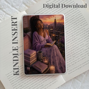 May include: A rectangular Kindle insert featuring a digital illustration of a person with dark hair in a purple dress and cardigan reading a book on a balcony at sunset with a city skyline in the background, accompanied by a stack of books and candles.