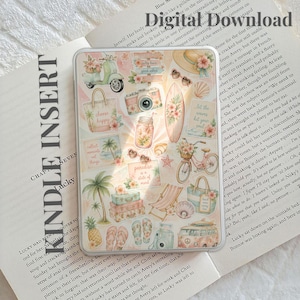 May include: A clear Kindle insert featuring a collage of summer-themed illustrations including a scooter, camera, surfboard, bicycle, palm trees, suitcases, flip-flops, and a van, with text reading "choose happy," "collect moments," and "paradise is a state of mind."