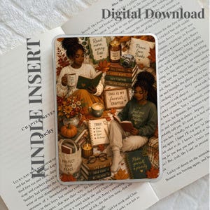 May include: A digital download illustration featuring two individuals reading books amidst autumn leaves, pumpkins, and stacks of books with text including "Read more, worry less," "Fall is my favorite chapter," "Just one more chapter," and "Make yourself a priority."