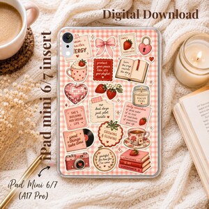 May include: A clear iPad mini 6/7 case featuring a pink and white gingham background covered in various stickers including a pink bow, strawberries, a heart-shaped disco ball, a camera, books, a teacup, and motivational text notes.