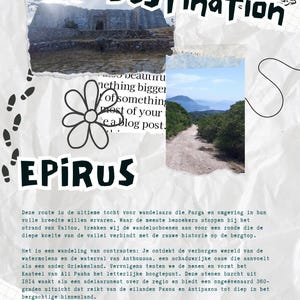Op de afbeelding: Een collage met reisthema met het woord "Destination" in een vetgedrukte, zwarte letter. De afbeelding bevat een foto van een stenen gebouw, een pad door een groen landschap en het woord "Epirus". Voetafdrukken en een bloemengrafiek zijn ook aanwezig.