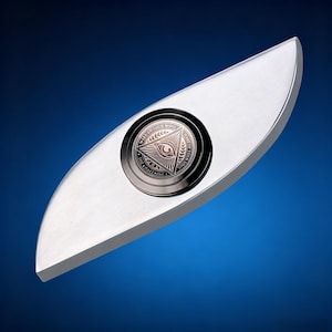 Puede incluir: Un objeto plateado y alargado con un extremo redondeado y un emblema circular. El emblema presenta un ojo dentro de un triángulo, rodeado de texto. El objeto tiene un acabado de metal cepillado sobre un fondo degradado azul.