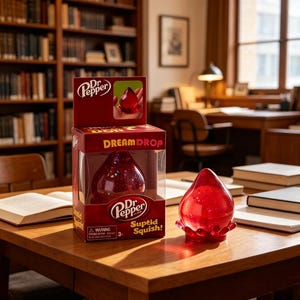 Könnte beinhalten: Ein rotes Dr. Pepper Dream Drop Spielzeug und seine Verpackung. Die Verpackung zeigt das Dr. Pepper-Logo und die Wörter "Dream Drop" und "Suptid Squish!". Das Spielzeug ist tropfenförmig und mit Glitzer gefüllt. Es steht auf einem Holztisch.